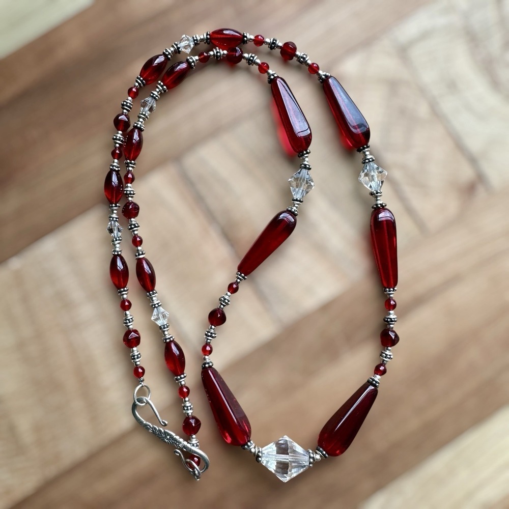Vintage Artisan Beaded Necklace 28 Inch Red Glass Crystal 925 Sterling 47.9g